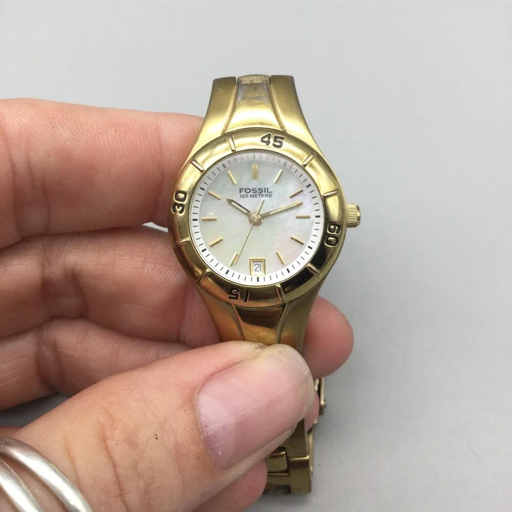 Fossil AM-3859 Womens Watch 25mm White MOP Dial Gold Tone Date New Battery 6